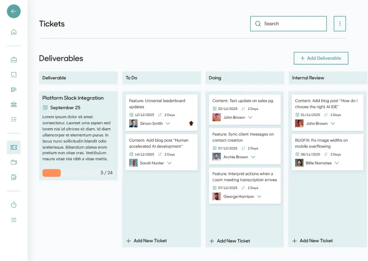 Actually's custom ticket management system showing task progress